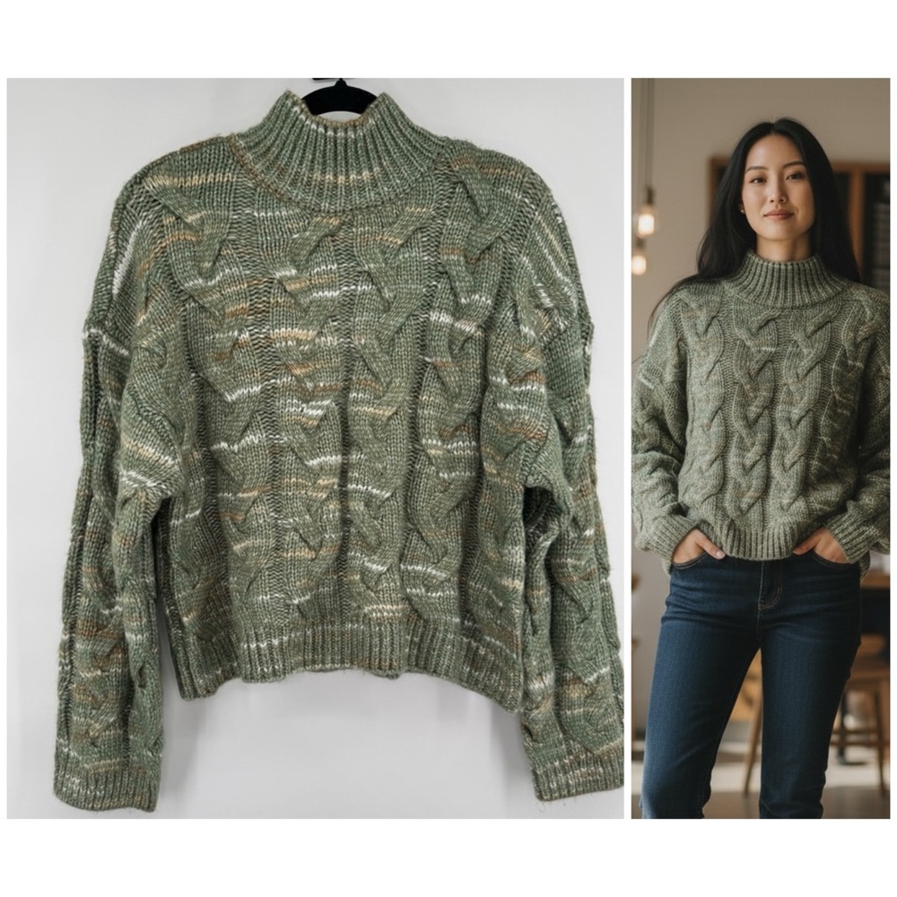 Olive Green Cable Knit Turtleneck Sweater